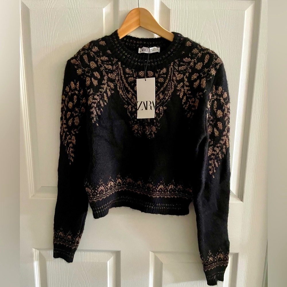 ZARA Gold Metallic Thread Jacquard Knit Sweater - Picture 6 of 9